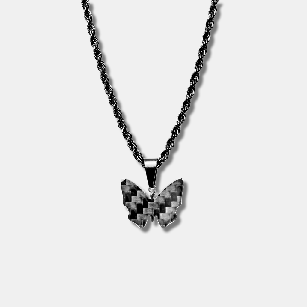 Carbon Fiber Butterfly Chain Black for Men Carbon Butterfly Tag Black Necklace with Pendant Stainless Steel Chain Necklace